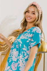 BiBi Floral Crinkle Shirred Ruffle Detail V Neck Dress OutfitFlow